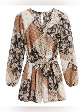 ACTIVE USA Patchwork Print Chiffon Romper Long Sleeve Size S NWT